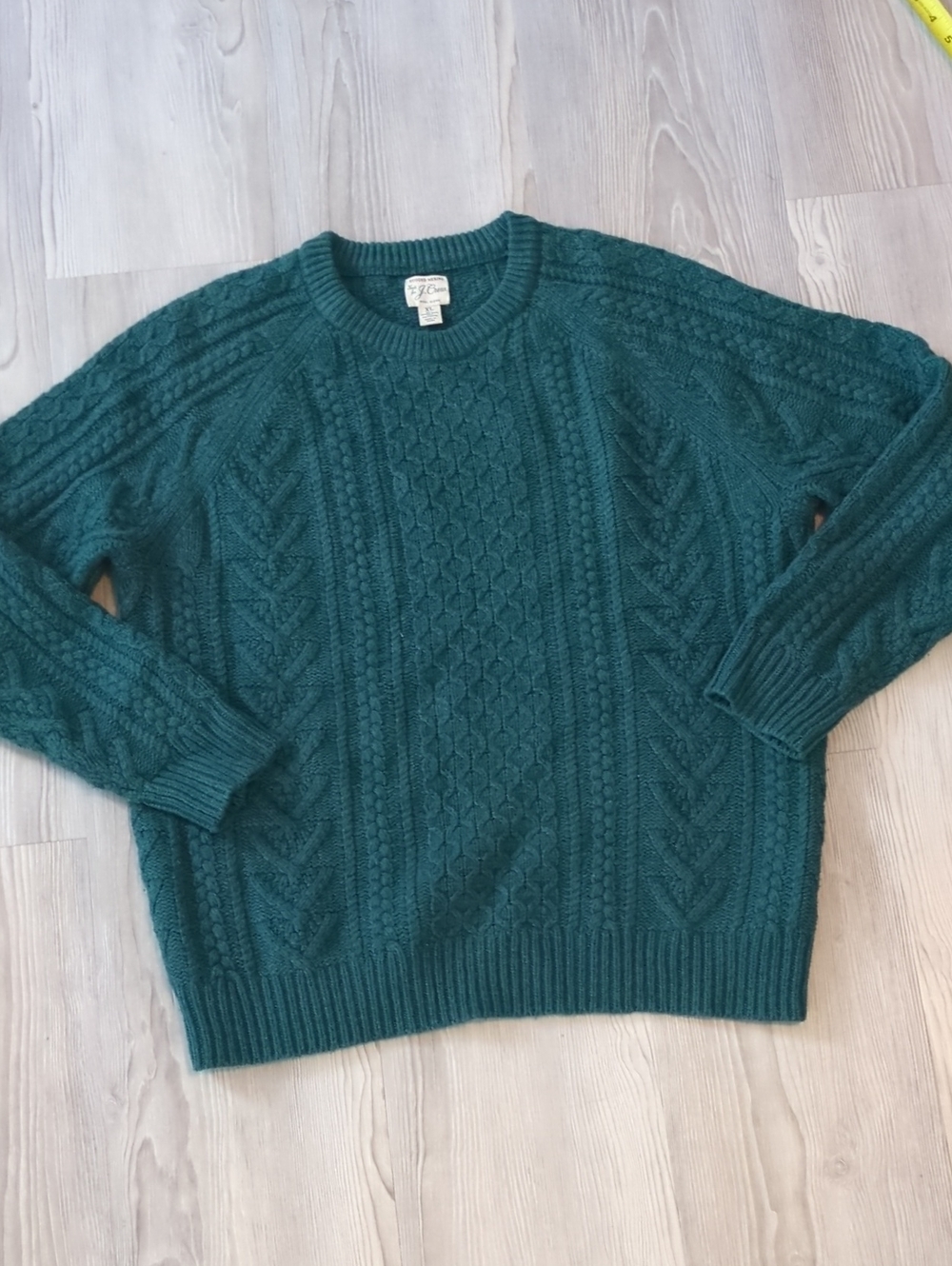 J.Crew Rugged Merino Cable Knit Sweater XL Heather Spruce Green Wool Fisherman